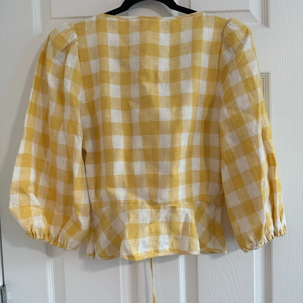 Reformation Yellow Gingham Lace-Up Peasant Blouse